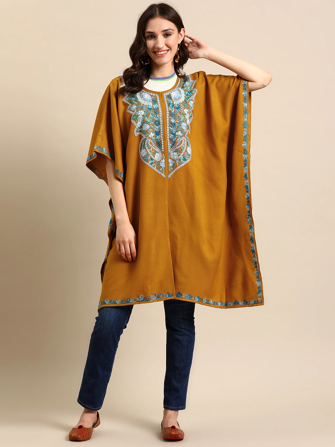 Women Mustard Floral Embroidered Flared Sleeves Thread Work Acrylic Fusion Kaftan Kurta