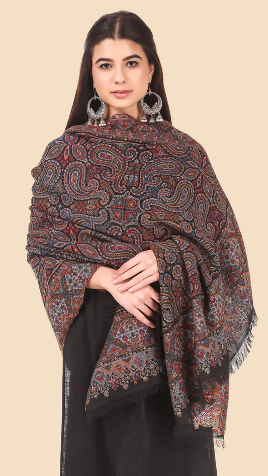 Women Black & Maroon Paisley Woven Design Shawl