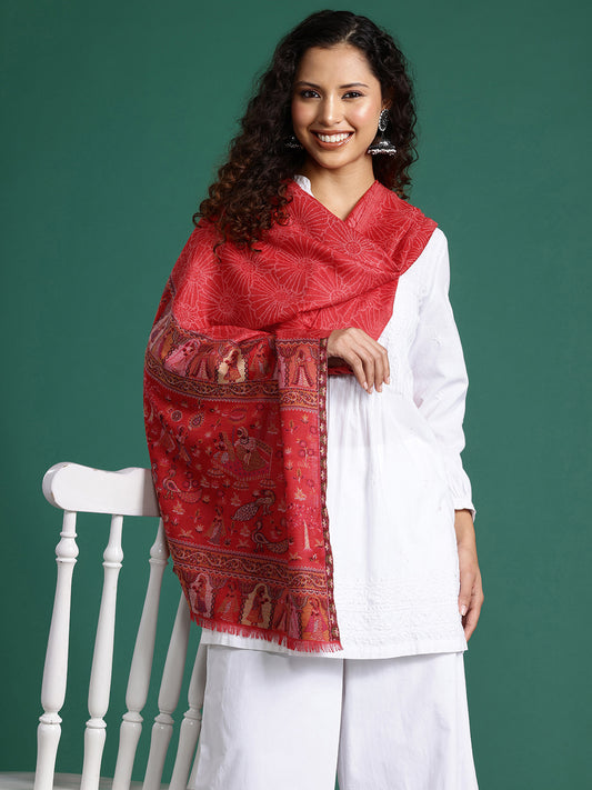 Women Red Woven Design Kashmiri Kaani Stole