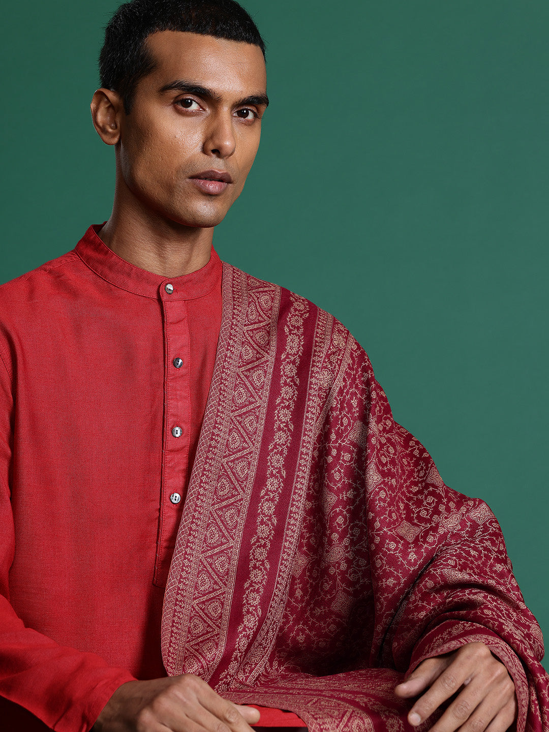 Men Maroon Ethnic Motifs Woven Embroidered Design Kashmiri Shawl