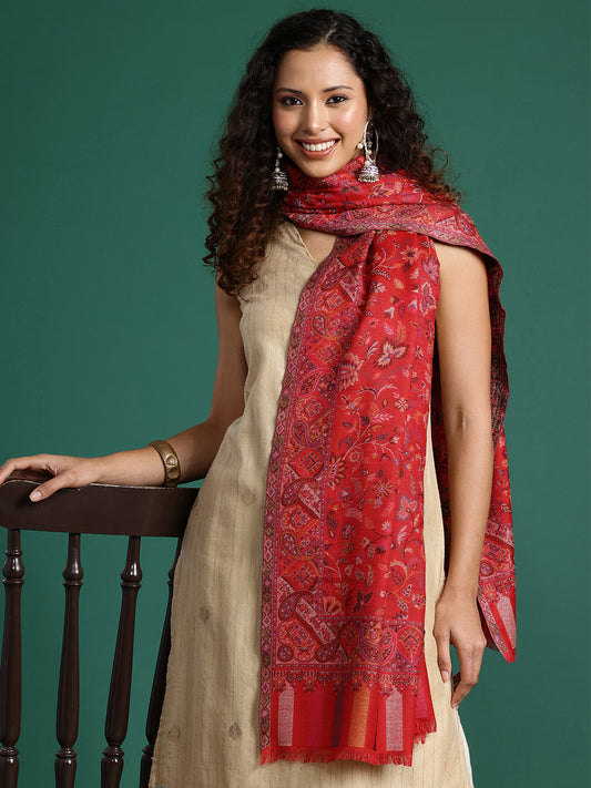 Women Red Woven Design Kaani Stole