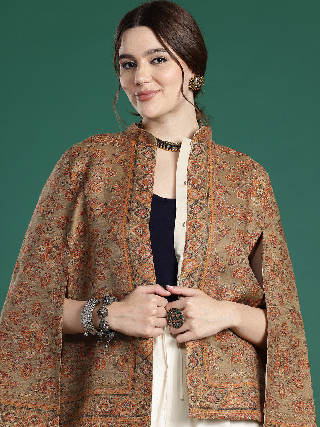 Beige Floral Woven Design Cape Jacket