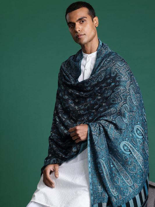 Men Black Ethnic Motifs Woven Design Jamawar Shawl