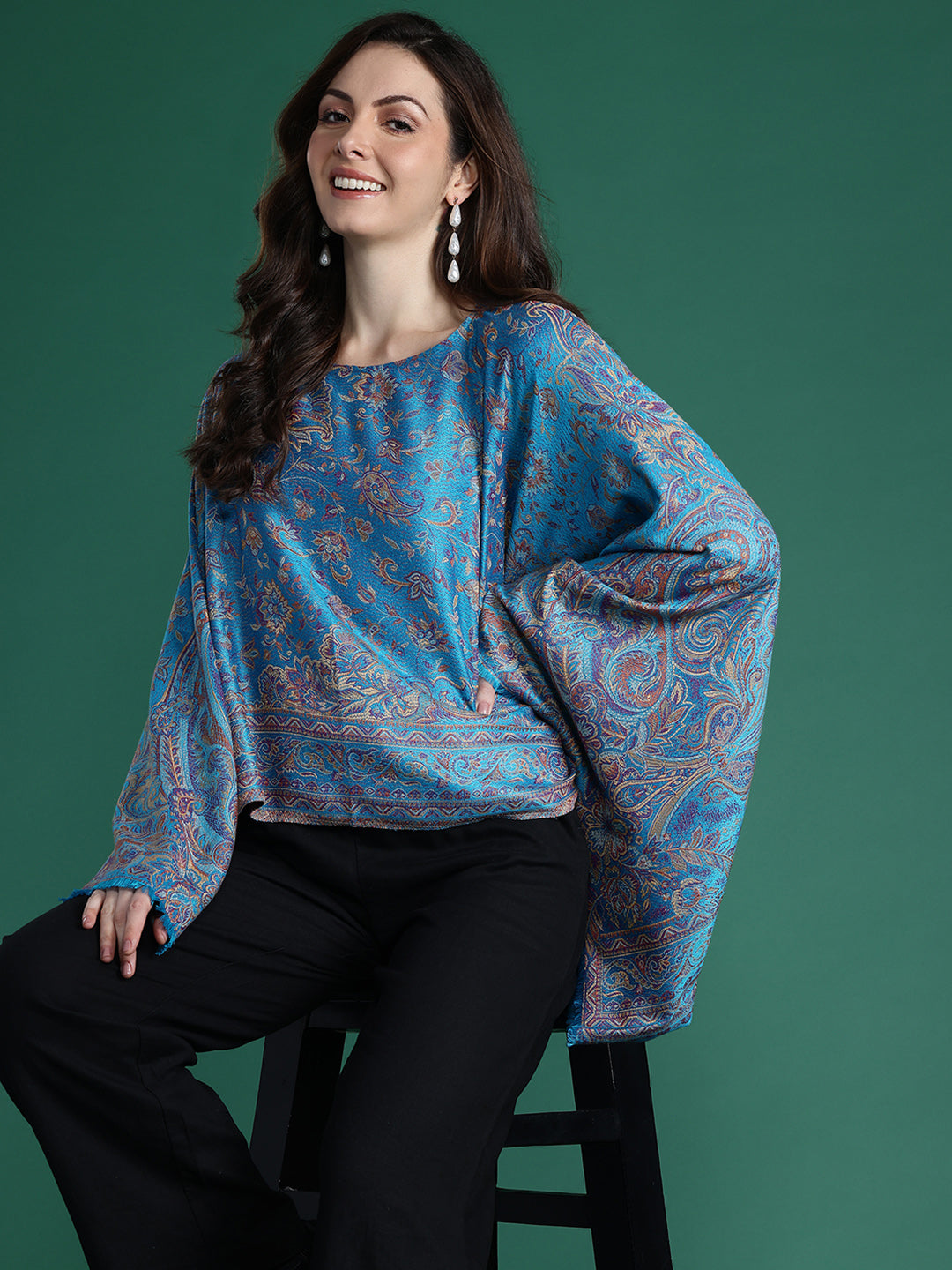 Blue Indie Floral Woven Design Flared Kimono Sleeve Kaftan Top