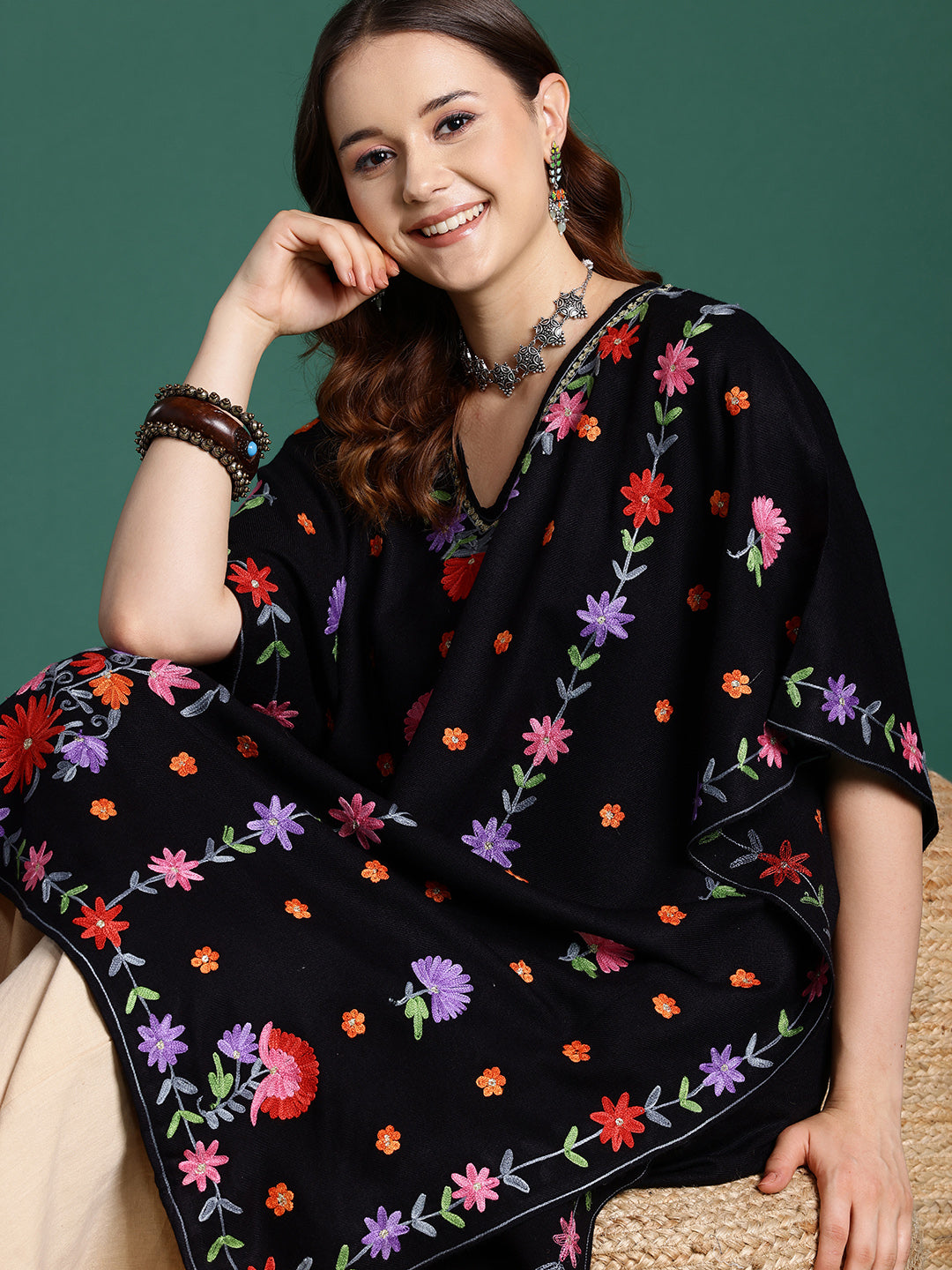 Women Black Floral Aari Embroidered Thread Work Kashmiri Pheran