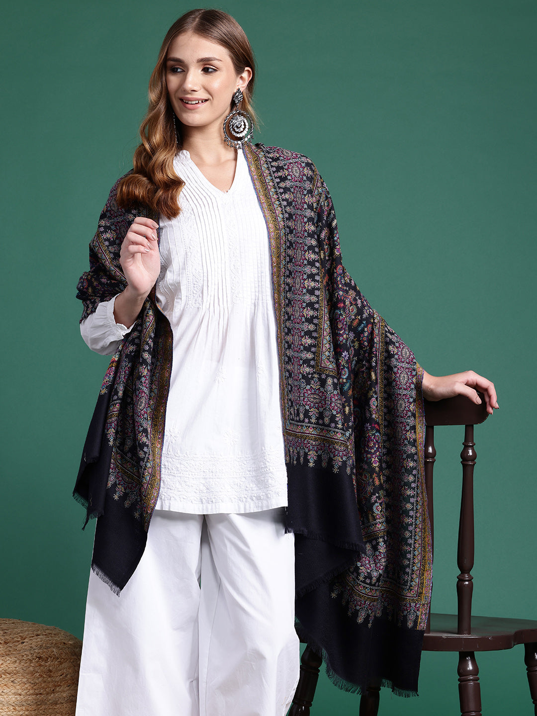 Women Black Wool Blend Ethnic Motifs Woven Shawl