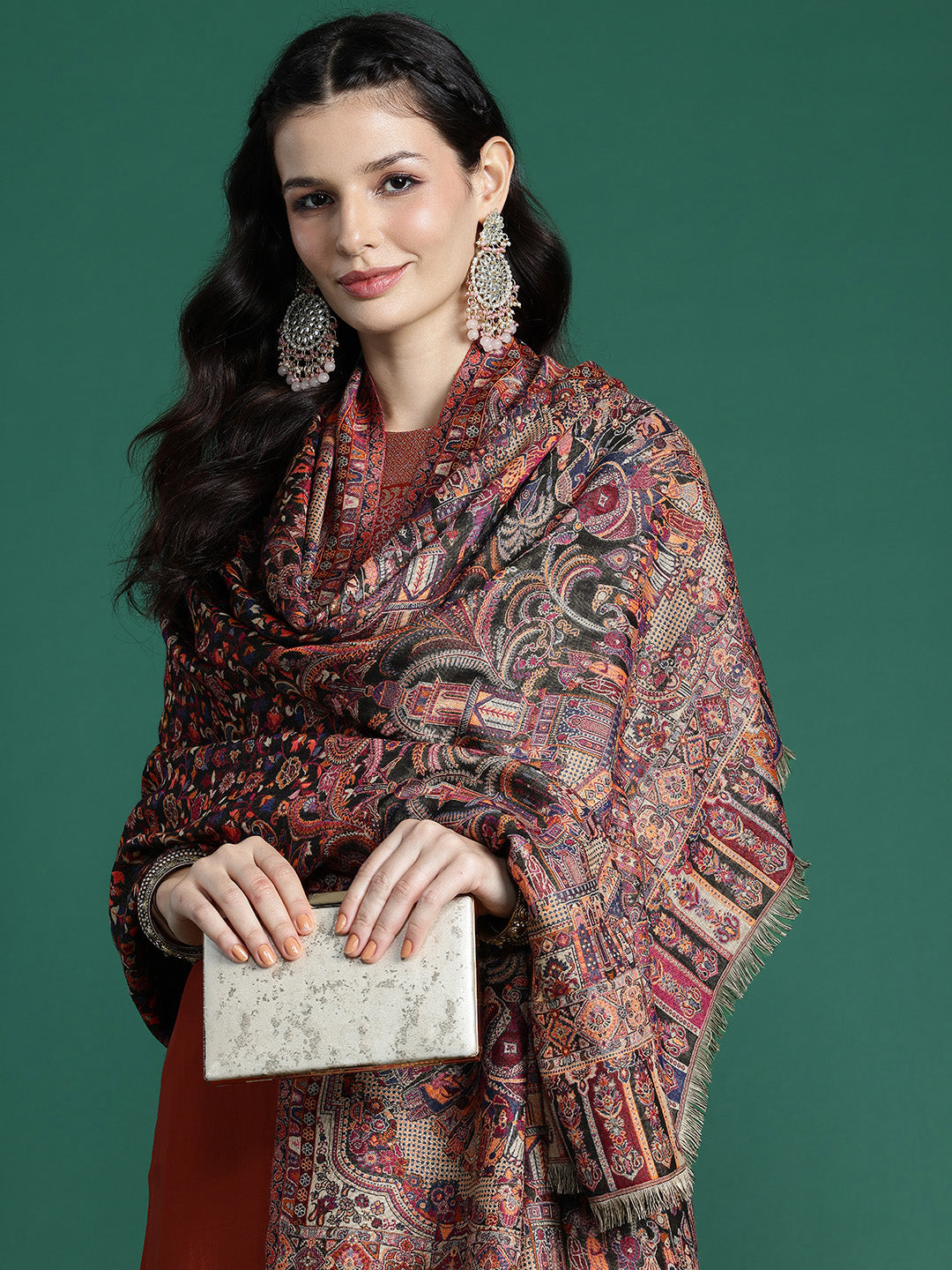 Women Black Floral Woven Design Modal Shawl