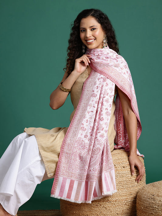 Women Pink And White Woven Design Stole