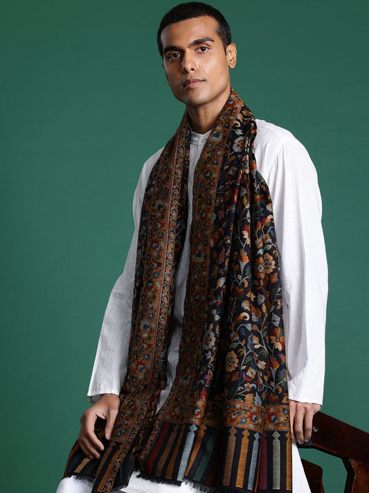 Men Black Floral Woven Design Kashmiri Kaani Shawl