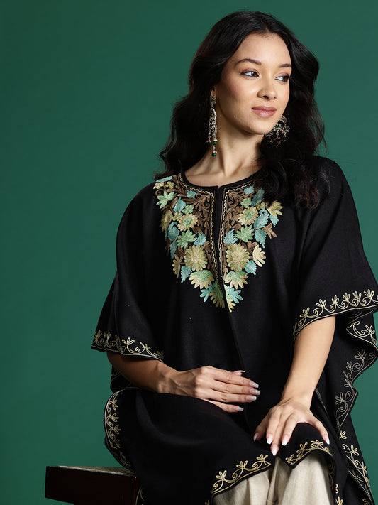 Floral Embroidered Flared Sleeves Thread Work Jacquard Kaftan Kurta