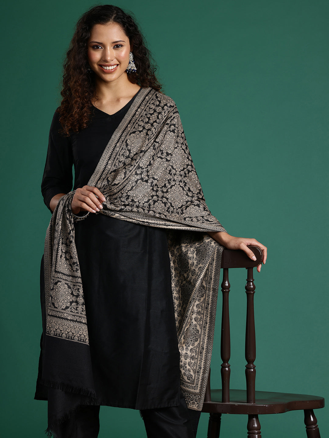 Women Black Woven Design Stole