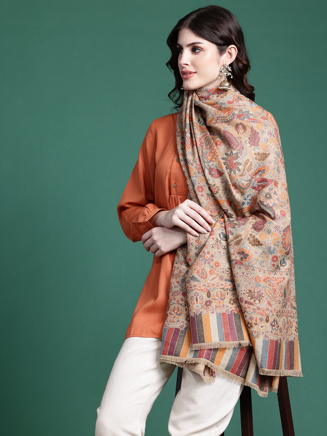 Women Beige Floral Woven Design Woollen Shawl