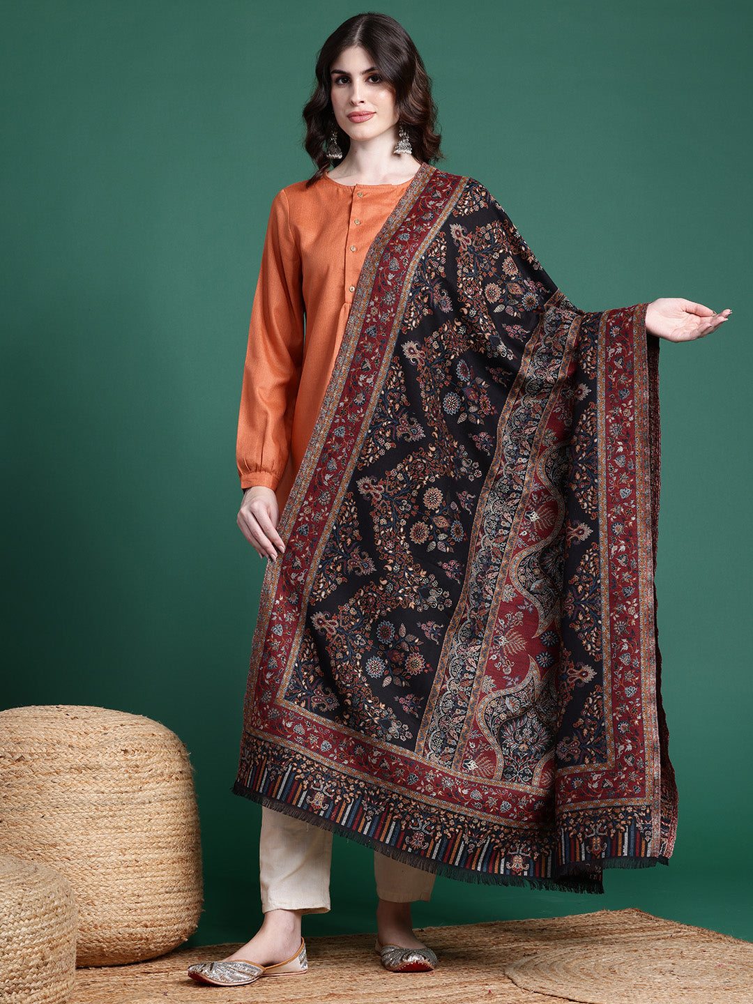 Black Woolen Ethnic Motifs Woven Design Shawl