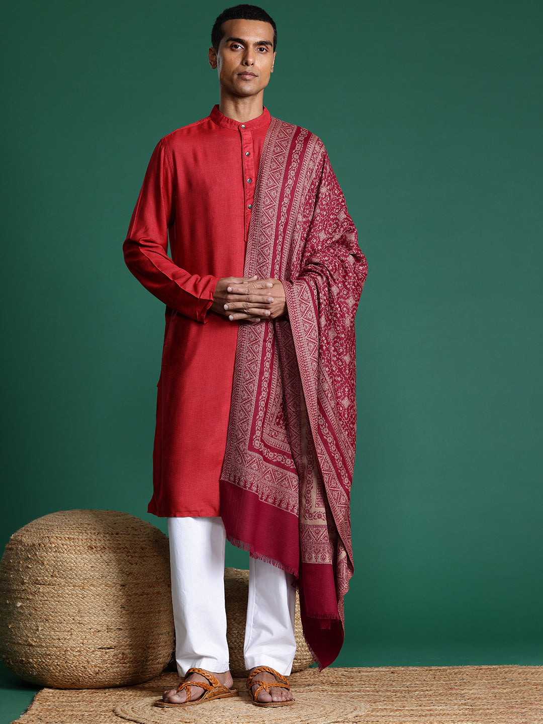 Men Maroon Ethnic Motifs Woven Embroidered Design Kashmiri Shawl