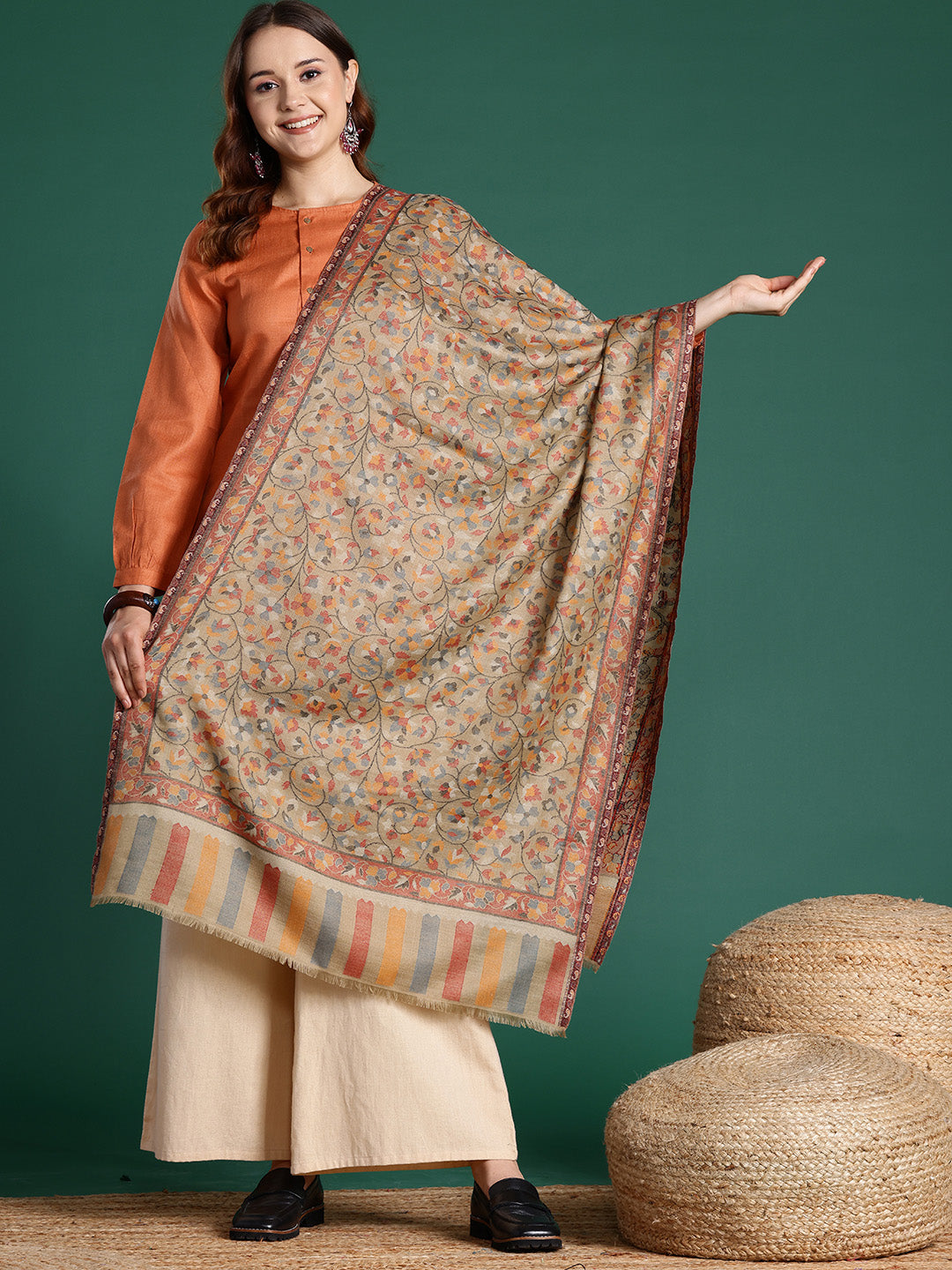 Women Beige Floral Woolen Kashmiri Stole