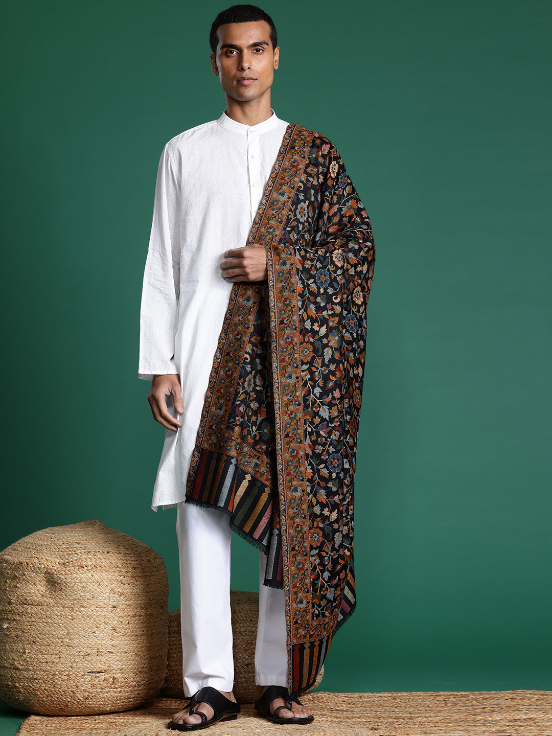 Men Black Floral Woven Design Kashmiri Kaani Shawl