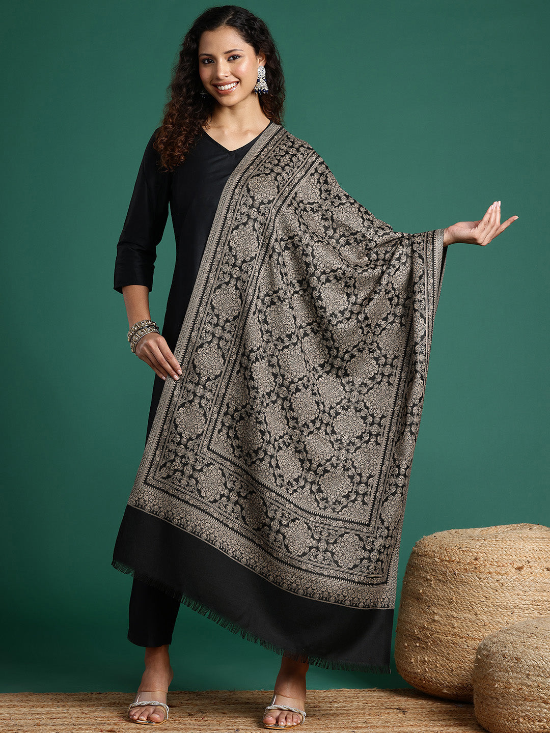 Women Black Woven Design Stole