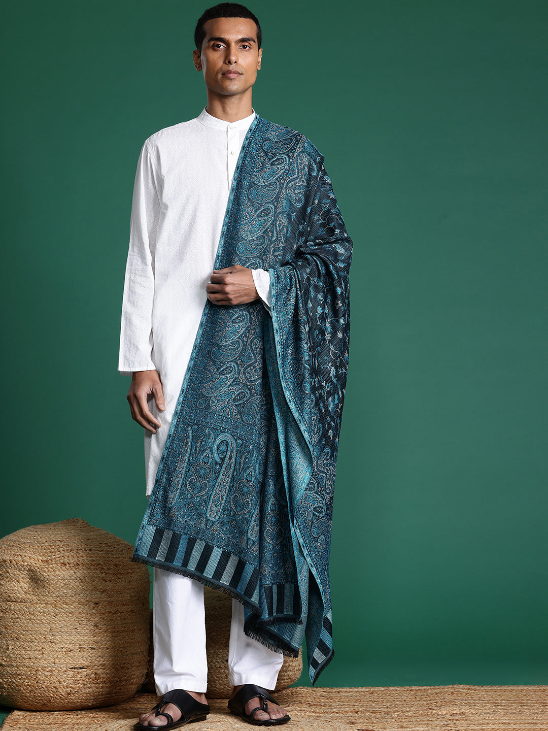 Men Black Ethnic Motifs Woven Design Jamawar Shawl