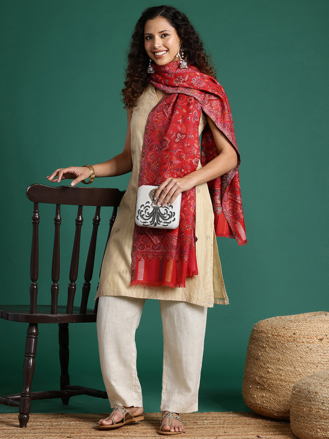 Women Red Woven Design Kaani Stole