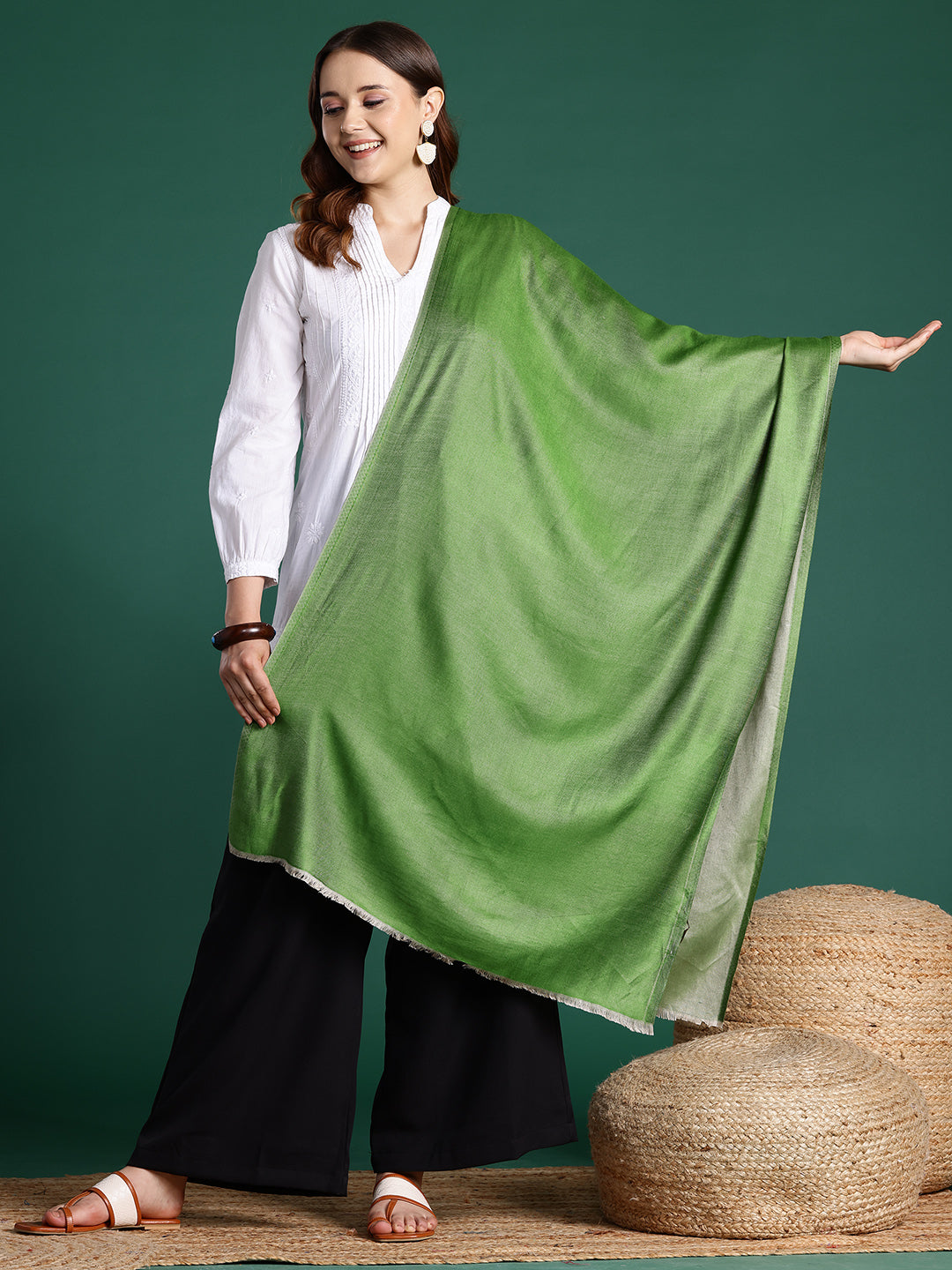 Women Green Solid Reversible Stole