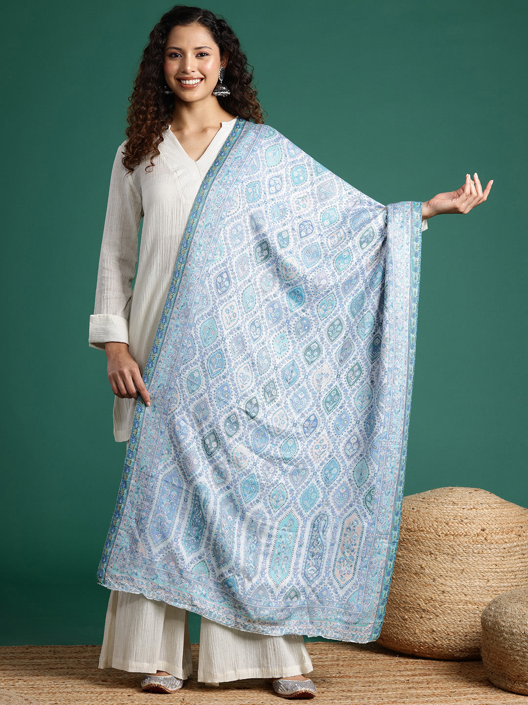 Women White Woven Design Modal Stole