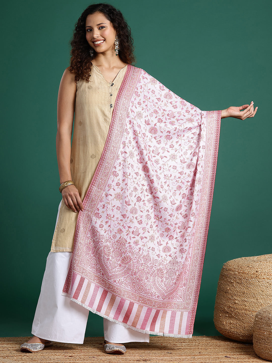 Women Pink And White Woven Design Stole