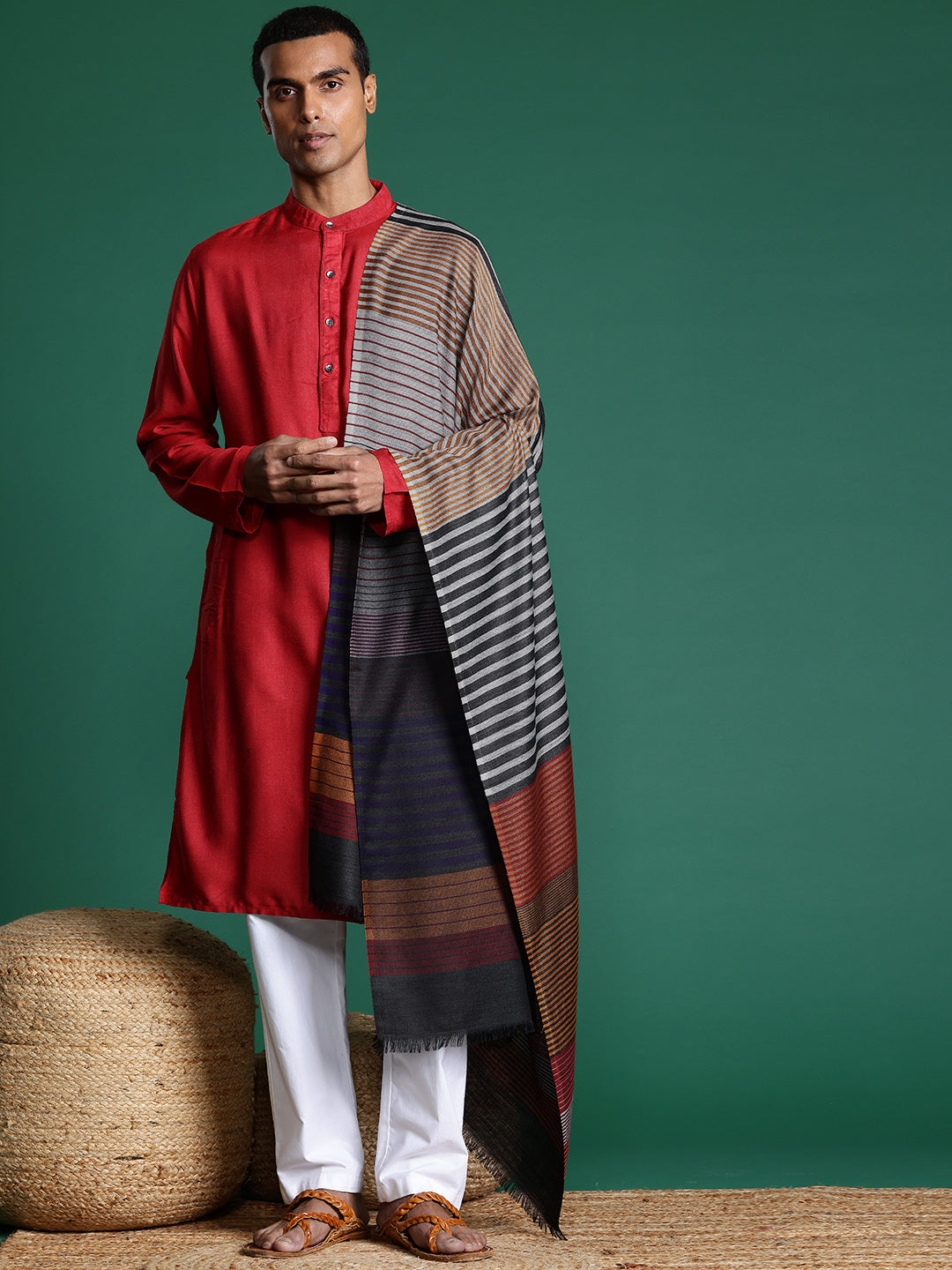 Men Striped Woven Design Acrylic Jamawar Shawl