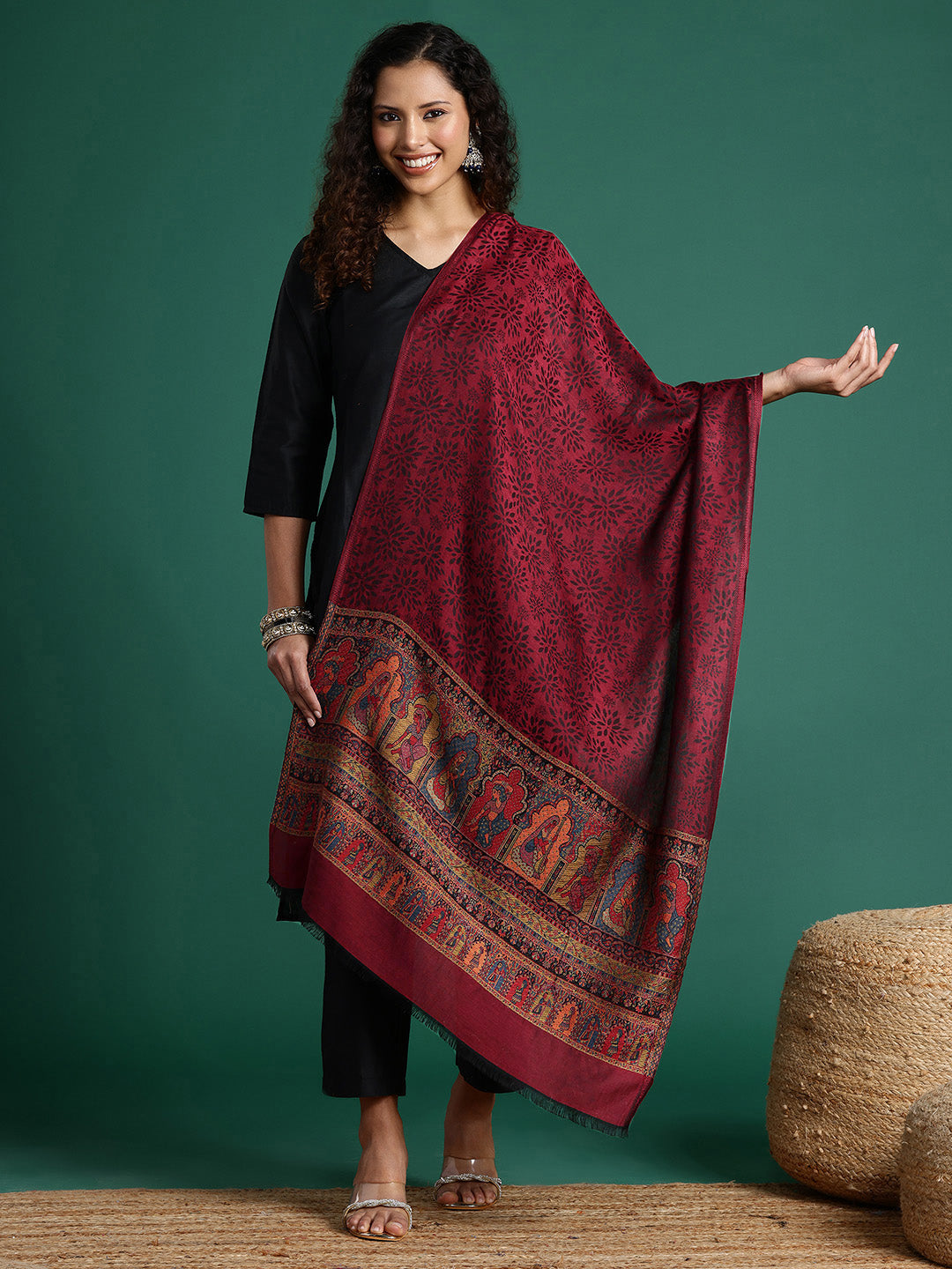 Women Maroon Woven Design Modal Stole