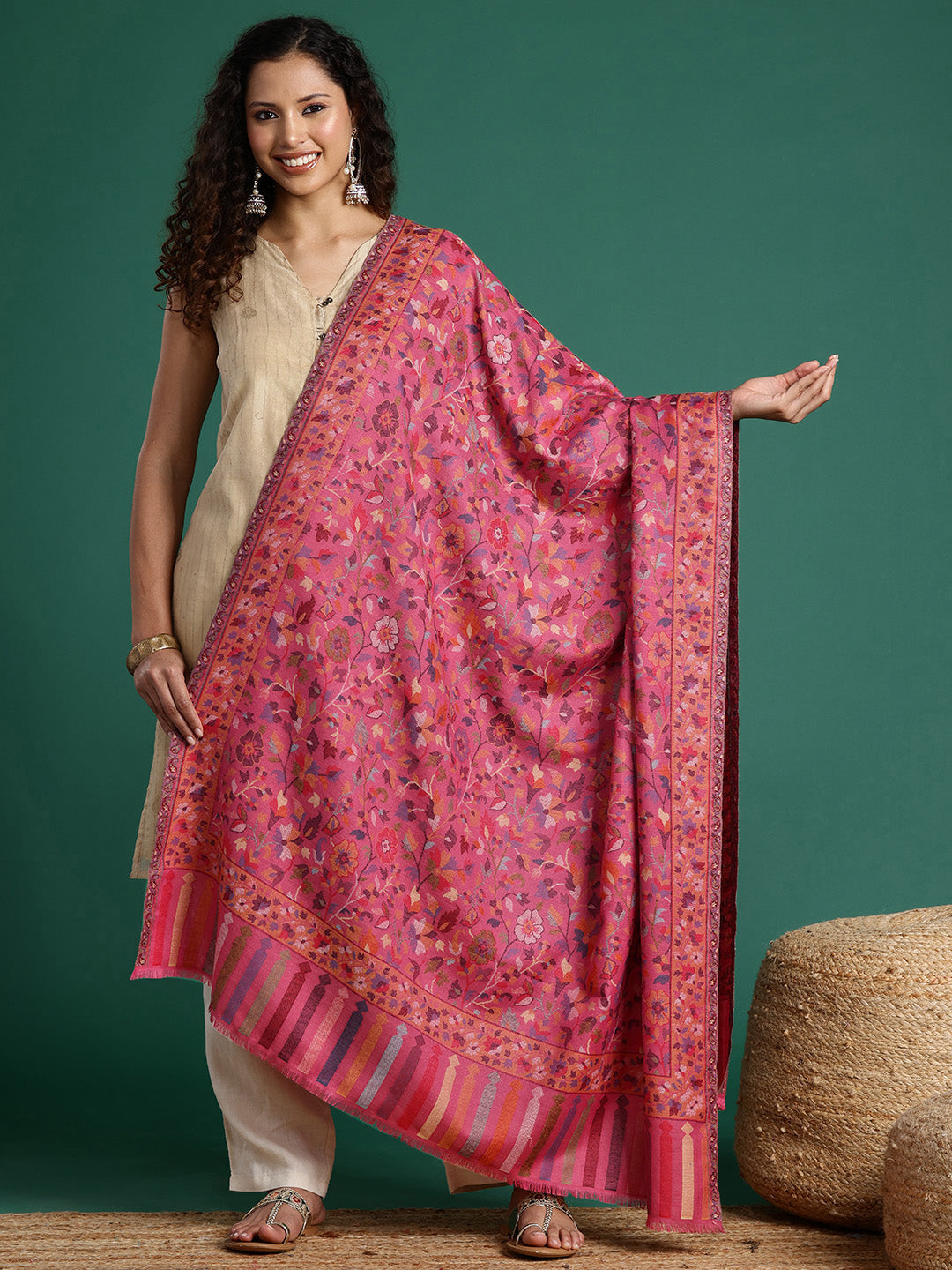 Women Pink Floral Woollen Kashmiri Shawl