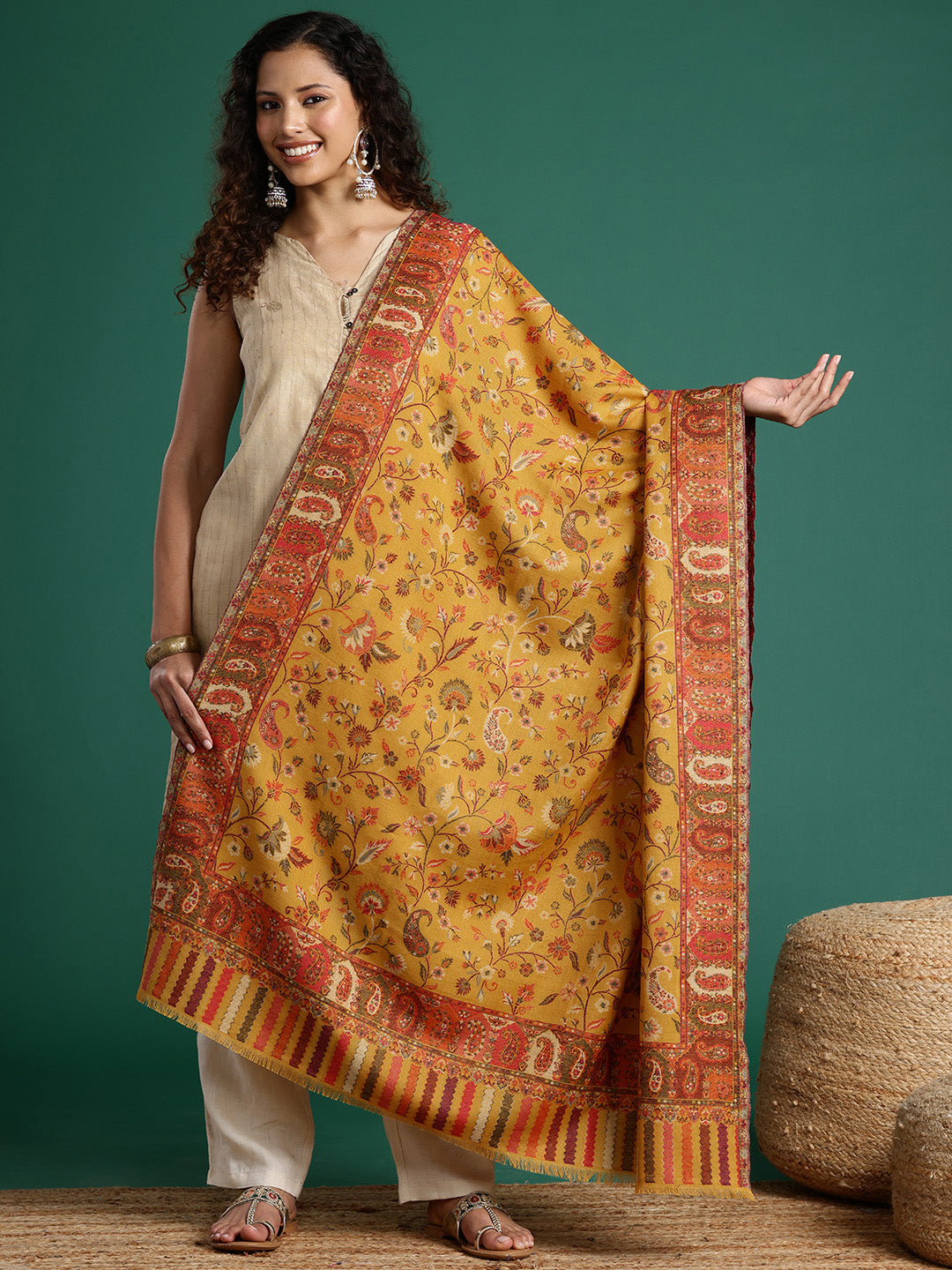 Women Mustard Floral Design Woollen Shawl