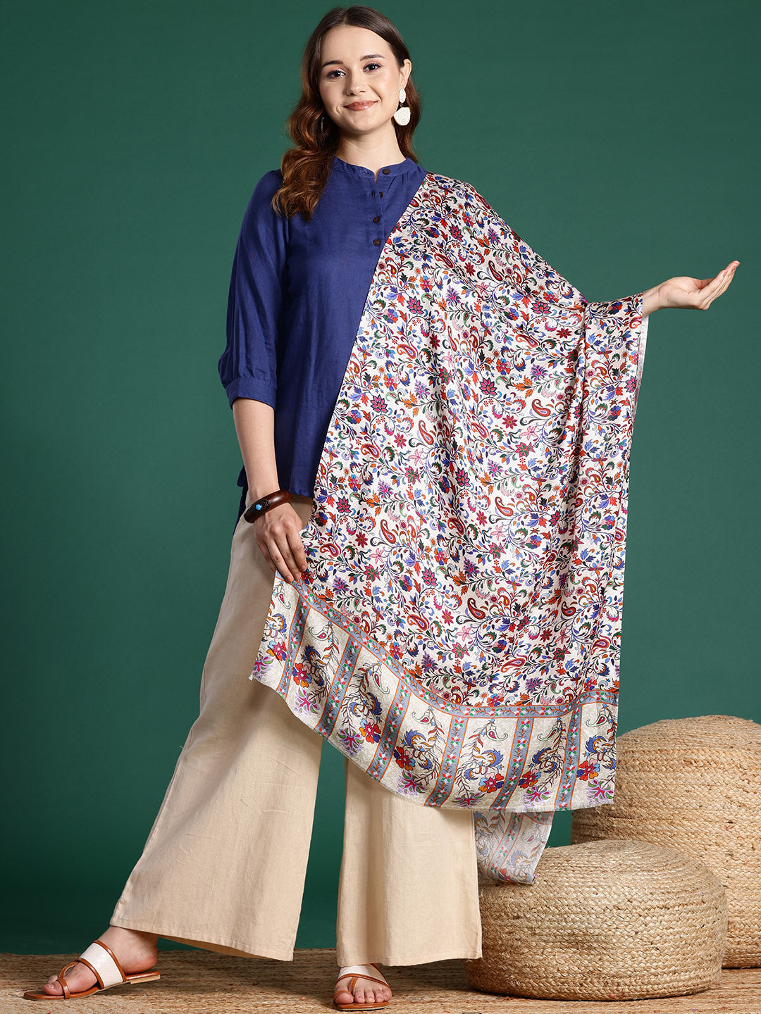 Women White Floral Printed Modal Stole