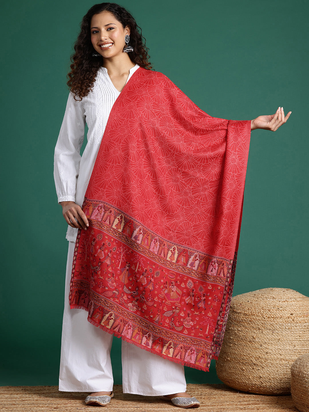 Women Red Woven Design Kashmiri Kaani Stole