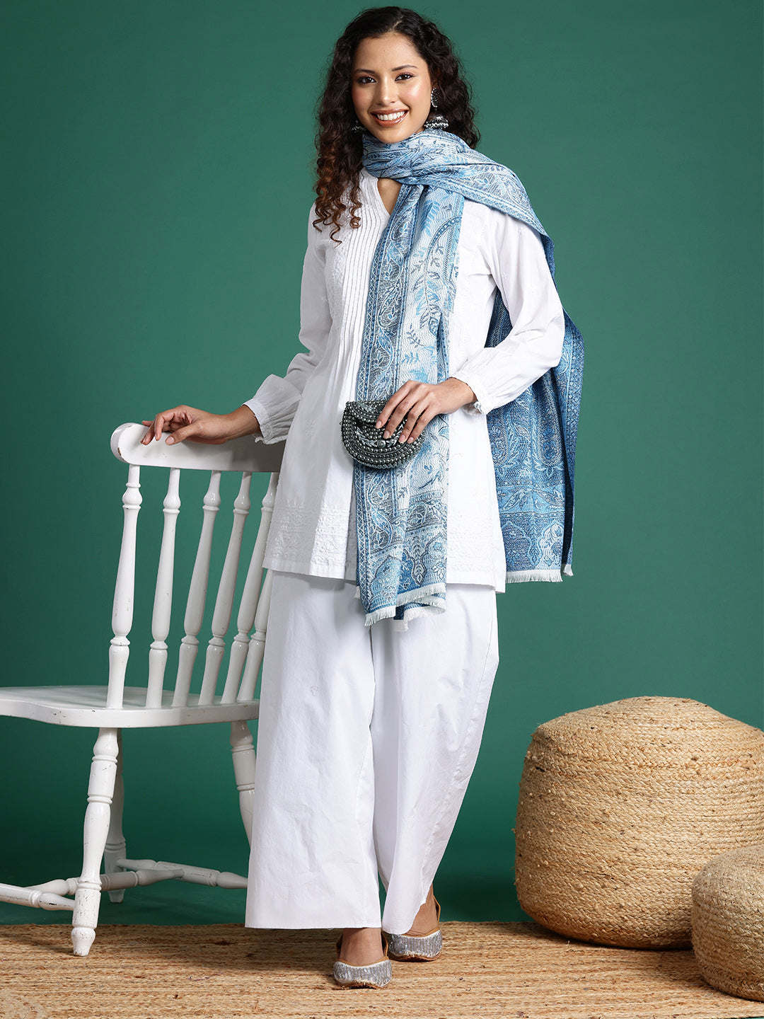 Women White And Blue Woven Design Modal Stole