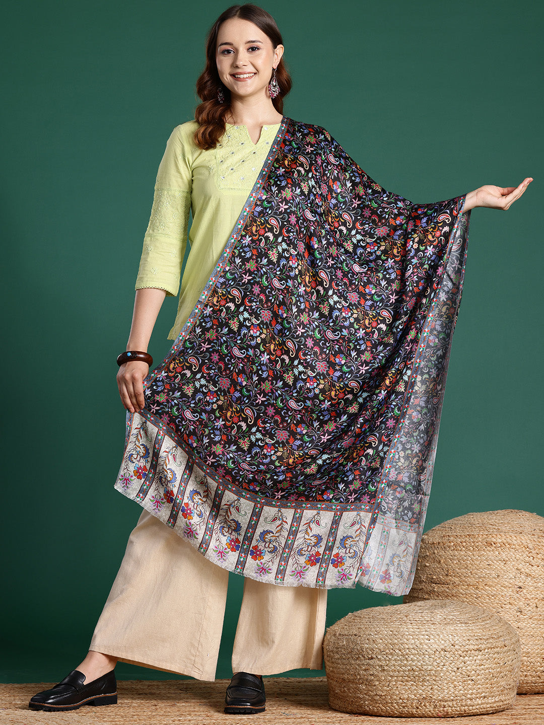 Women Black Floral Printed Modal Stole