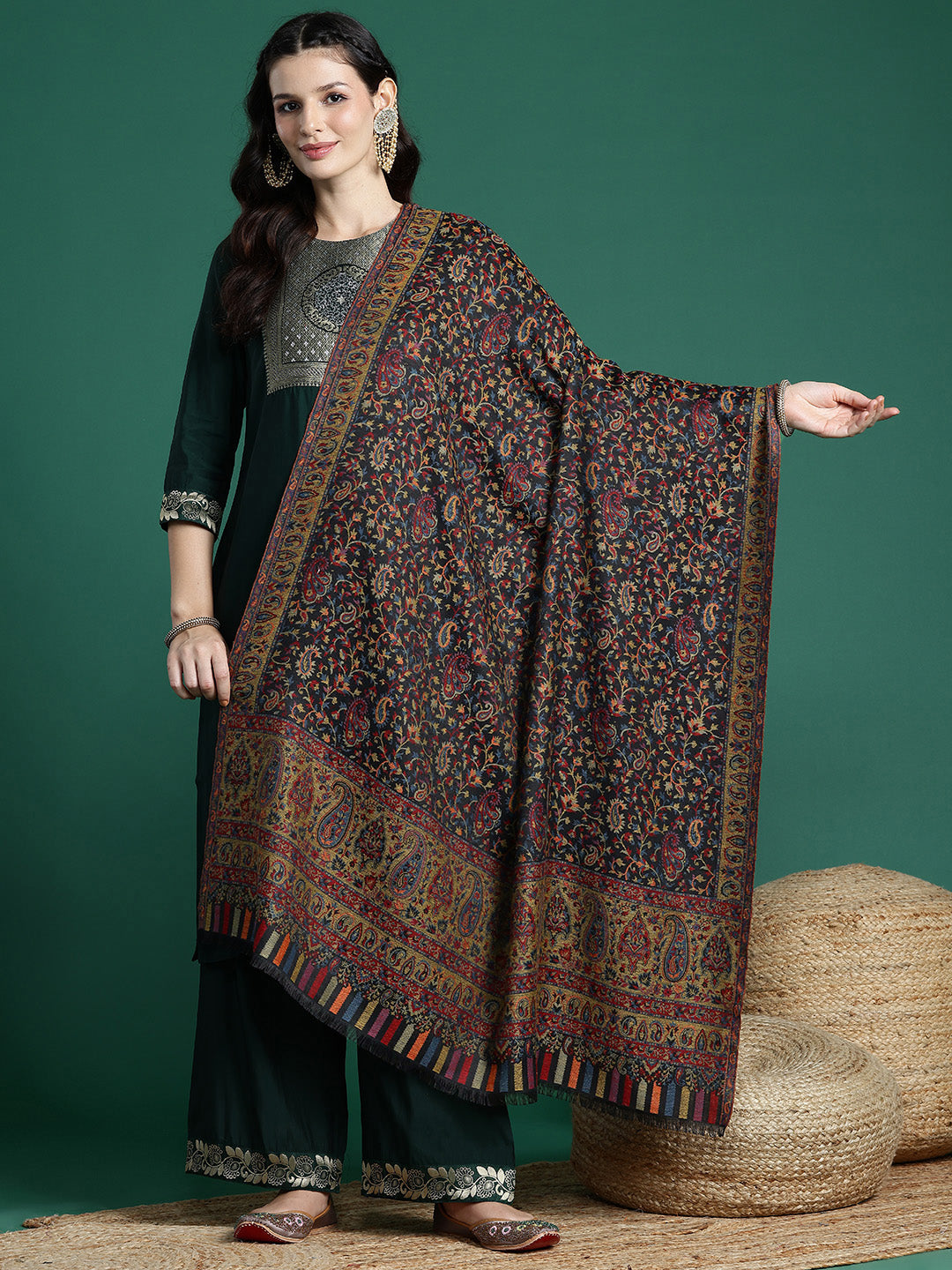 Black Wool Blend Floral Woven Design Shawl