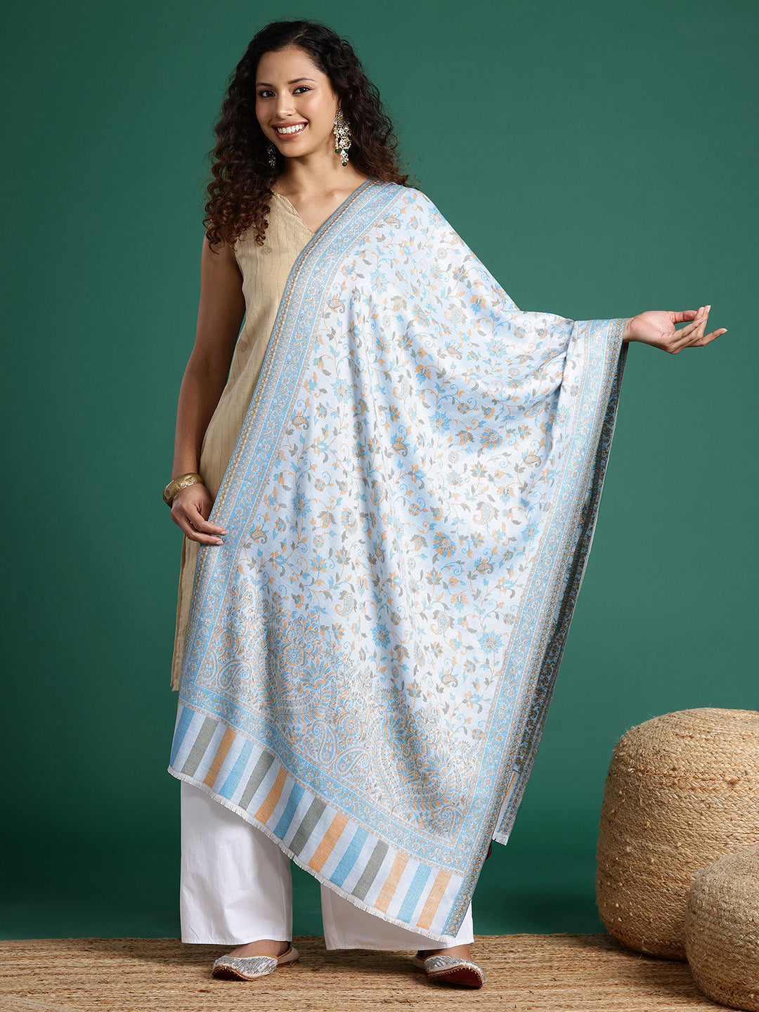 Women Light Blue Floral Woven Design Stole