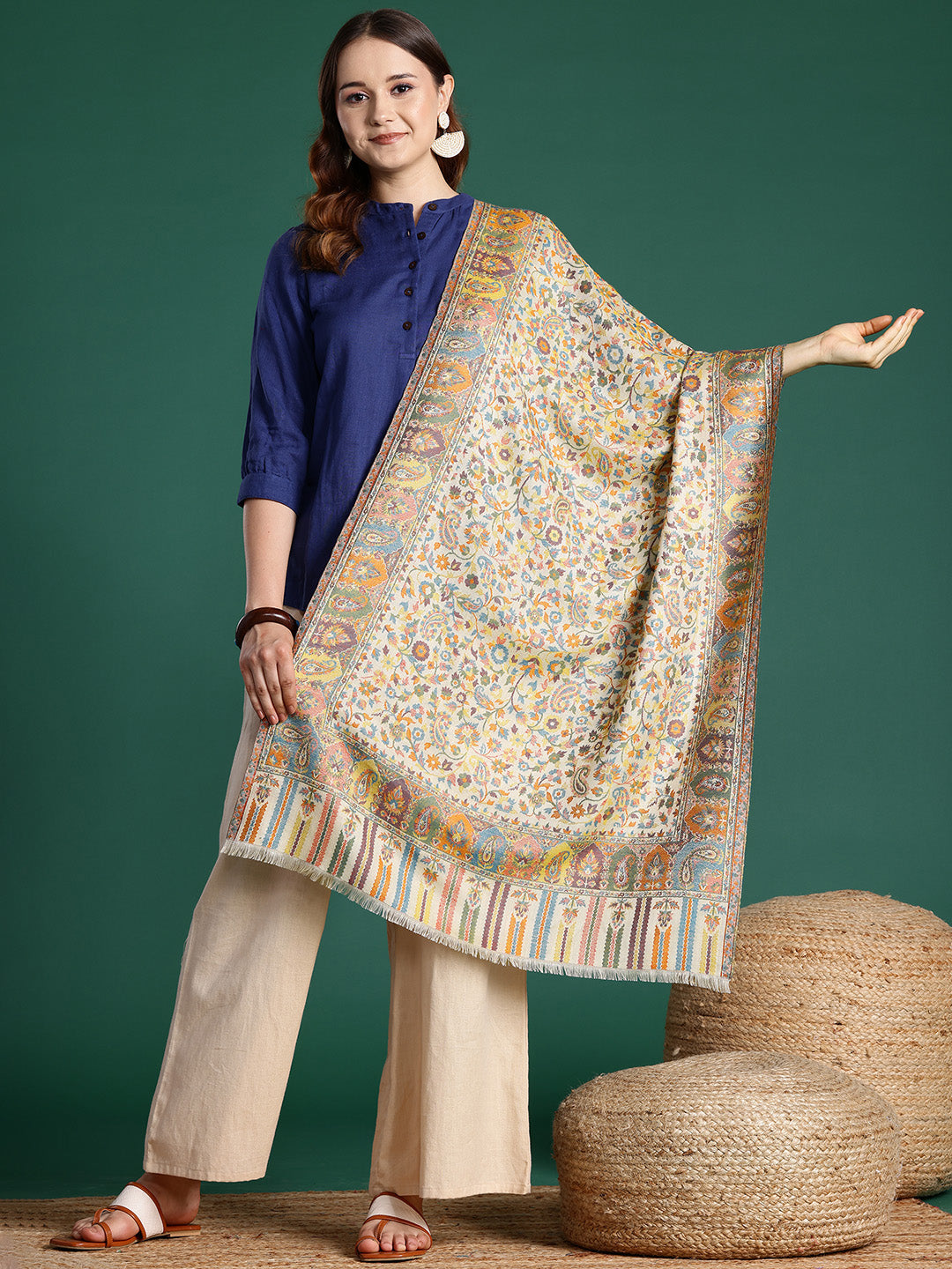 Women Cream Woven Design Kashmiri Modal Stole