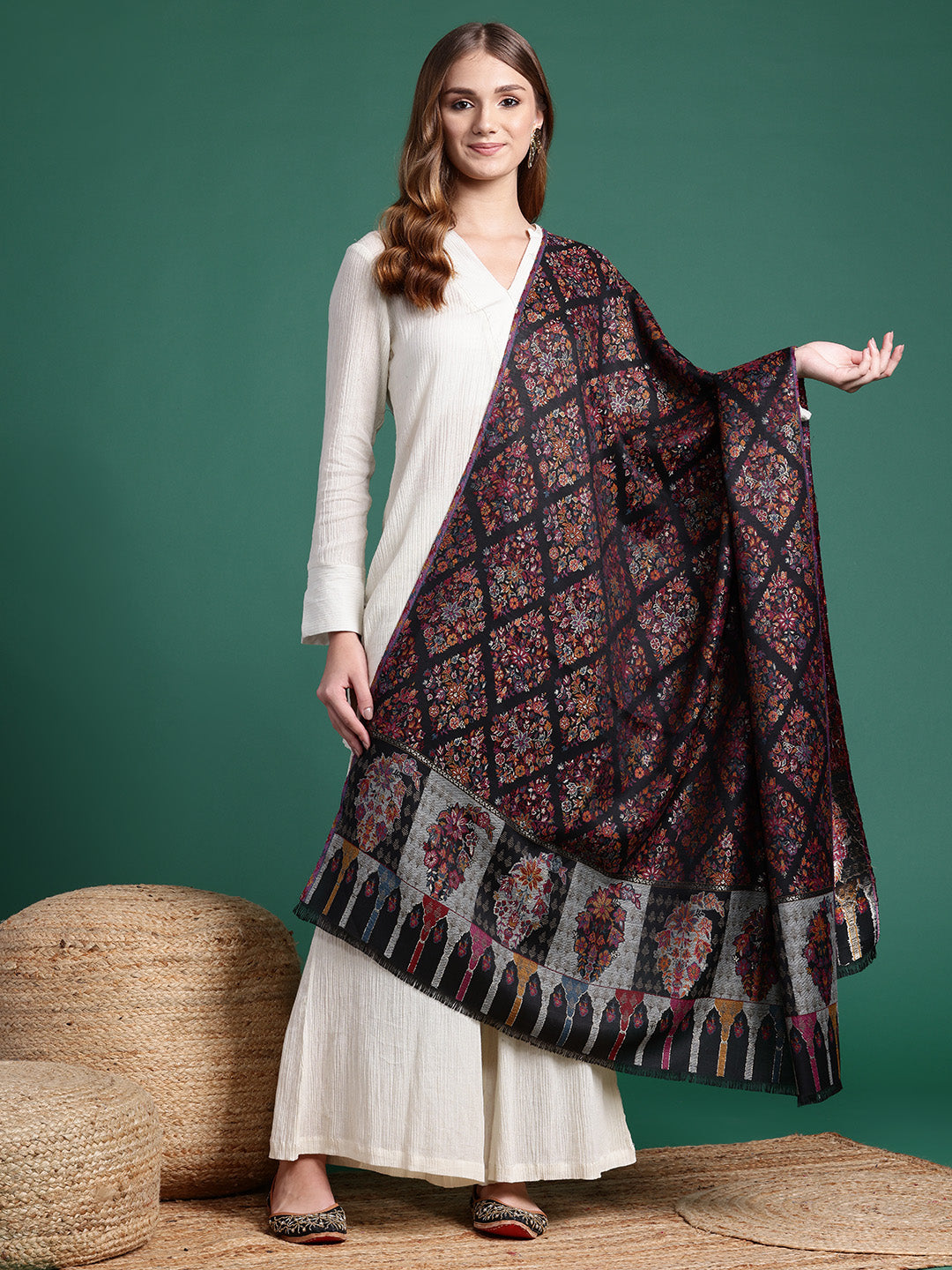 Women Black Floral Woven Design Wool Blend Shawl