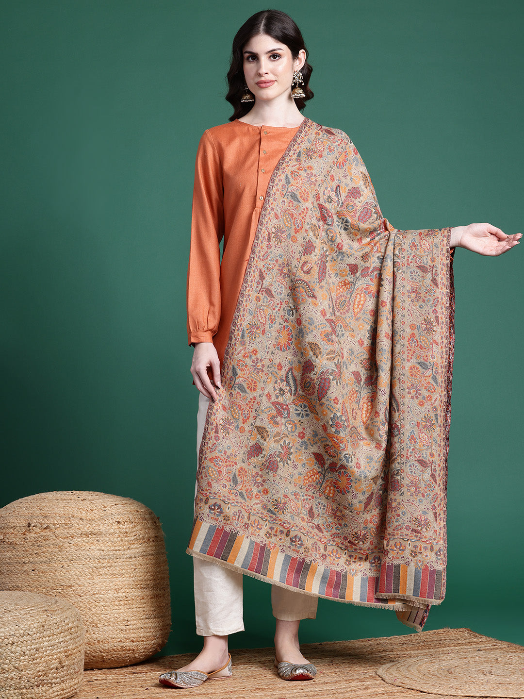 Women Beige Floral Woven Design Woollen Shawl