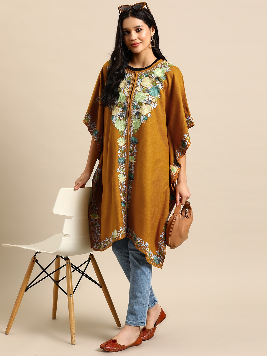 Women Mustard Floral Embroidered Flared Sleeves Thread Work Acrylic Fusion Kaftan Kurta