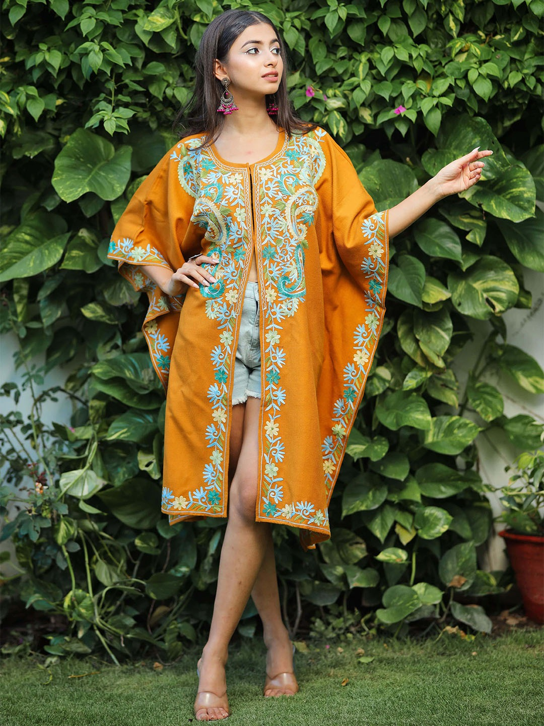 Women Mustard Floral Embroidered Flared Sleeves Thread Work Acrylic Fusion Kaftan Kurta