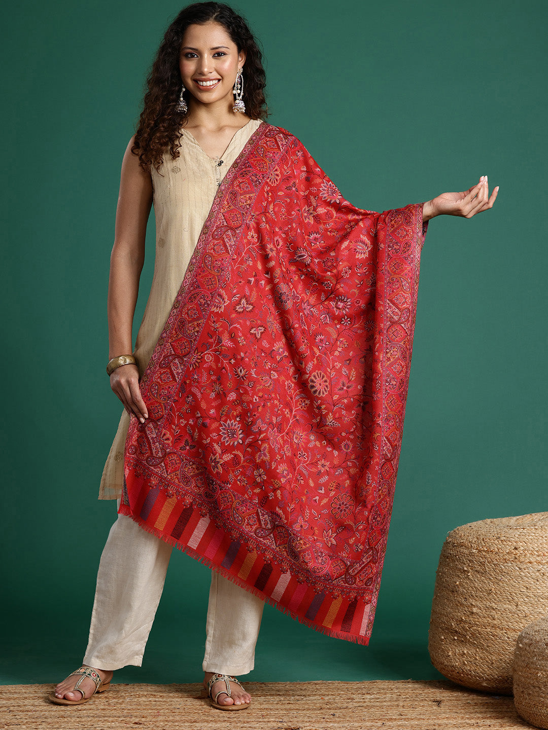 Women Red Woven Design Kaani Stole