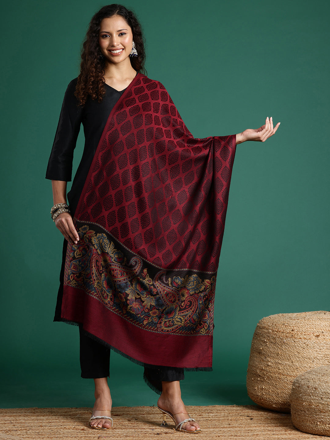 Women Maroon Woven Design Modal Stole