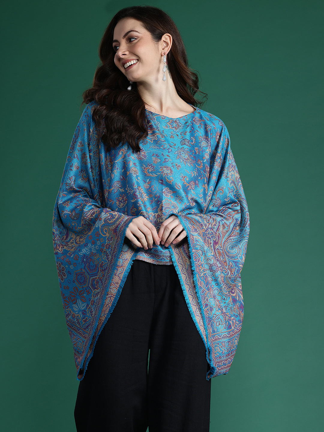 Blue Indie Floral Woven Design Flared Kimono Sleeve Kaftan Top