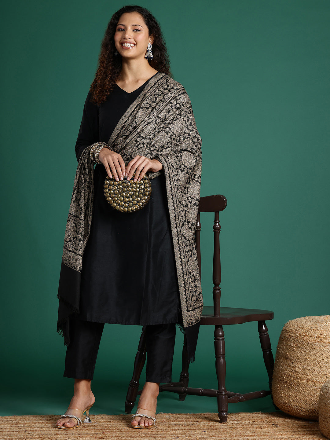 Women Black Woven Design Stole