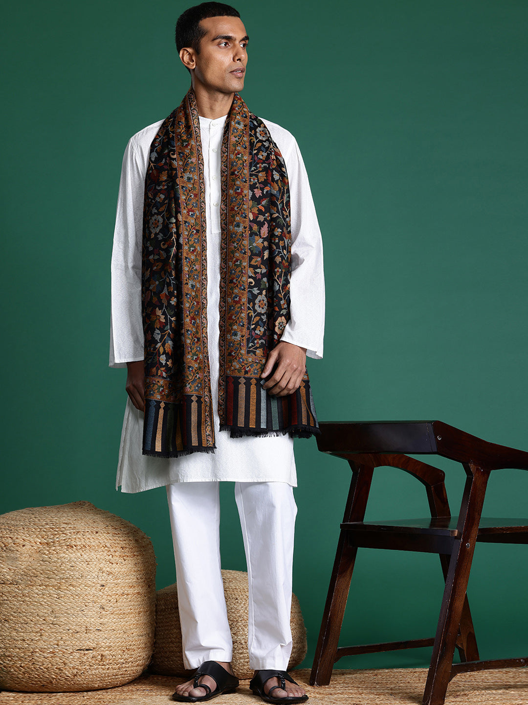 Men Black Floral Woven Design Kashmiri Kaani Shawl