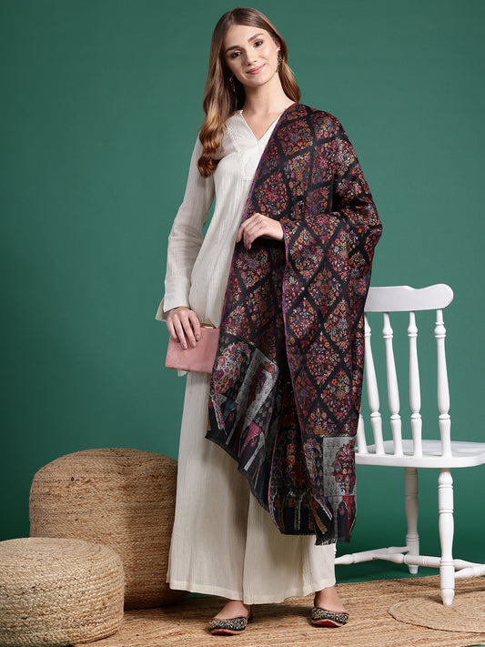 Women Black Floral Woven Design Wool Blend Shawl