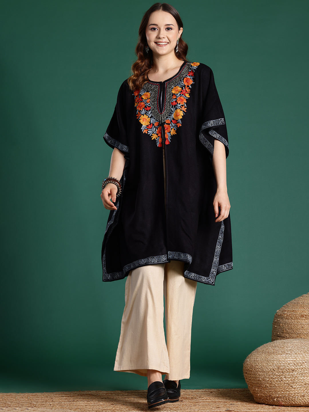 Women Black Floral Aari Embroidered Thread Work Kashmiri Pheran