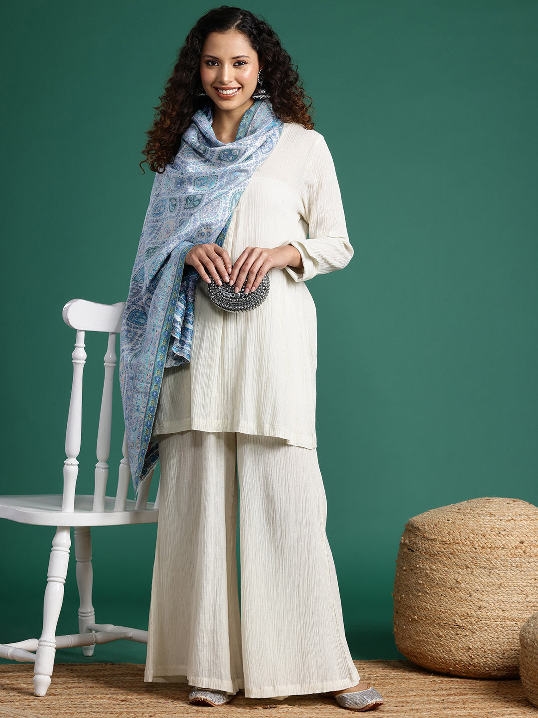 Women White Woven Design Modal Stole