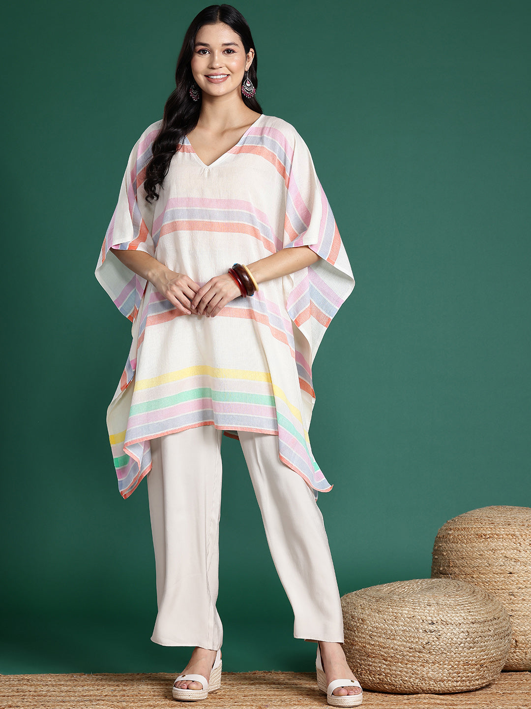 Striped Flared Sleeves Jacquard Kaftan Kurta